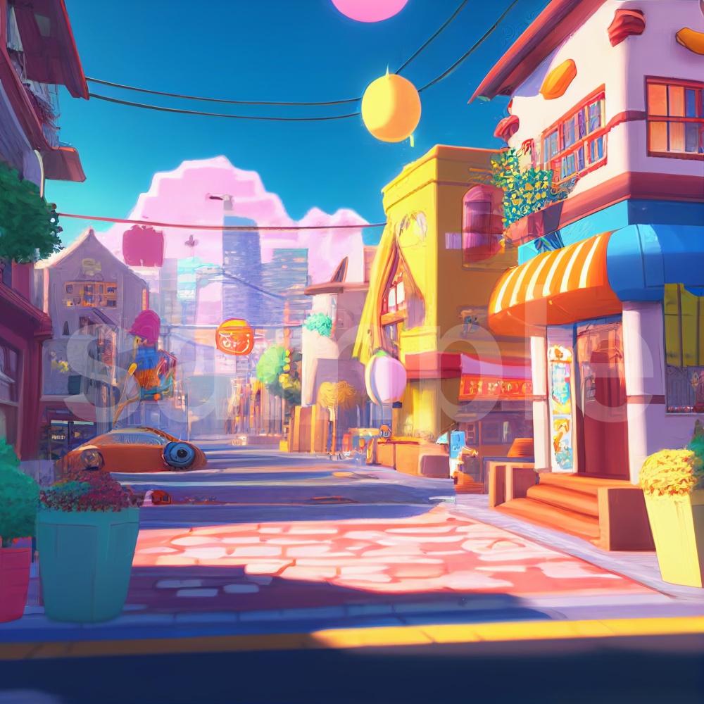 アニメ風カラフルで少し不思議な町のイラスト背景素材 8枚セット