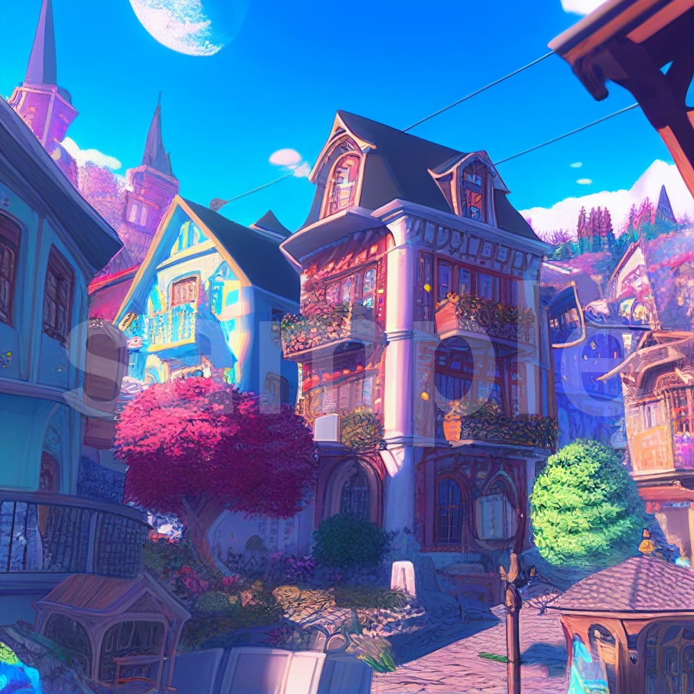 アニメ風カラフルで少し不思議な町のイラスト背景素材 8枚セット