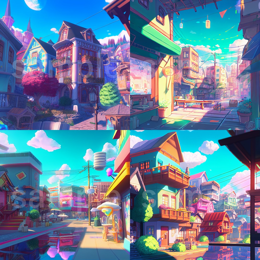 アニメ風カラフルで少し不思議な町のイラスト背景素材 8枚セット