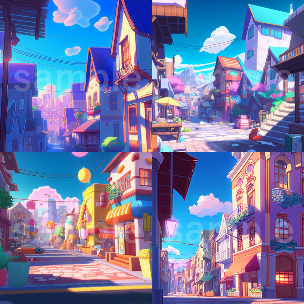 アニメ風カラフルで少し不思議な町のイラスト背景素材 8枚セット