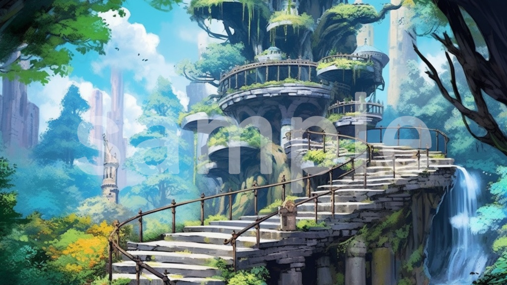 ファンタジーな建物と階段のイラスト背景素材 5枚セット