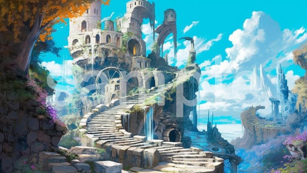 ファンタジーな建物と階段のイラスト背景素材 5枚セット