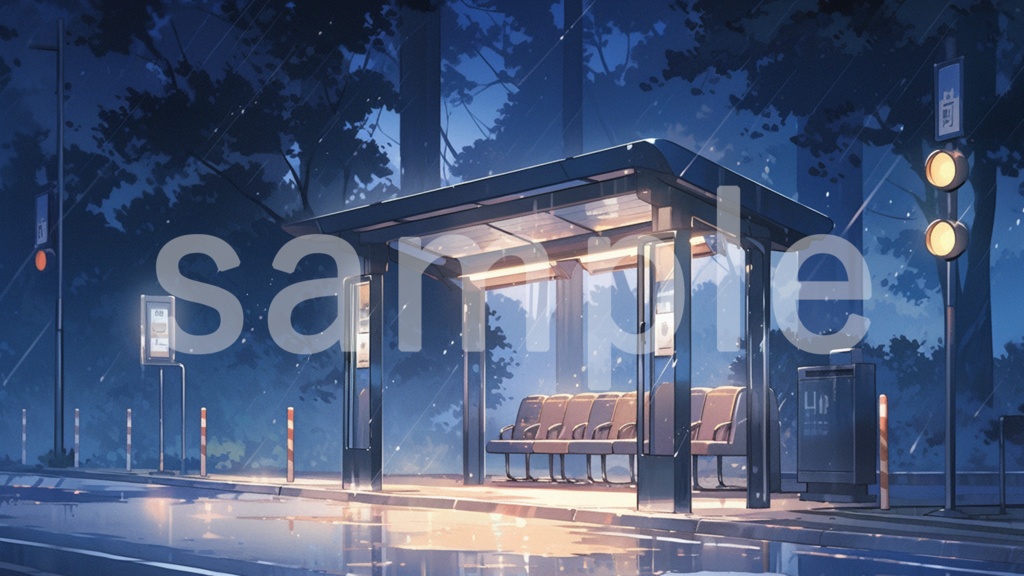 夜のバス停 イラスト背景素材 5枚セット