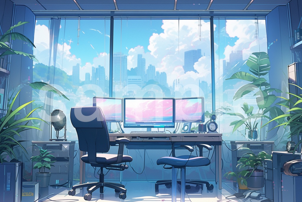 かっこいい作業部屋/パソコン部屋のイラスト背景素材 5枚セット