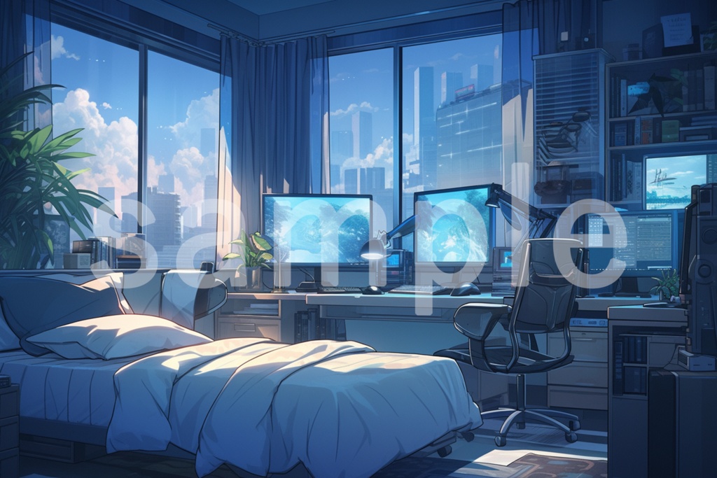 かっこいい作業部屋/パソコン部屋のイラスト背景素材 5枚セット