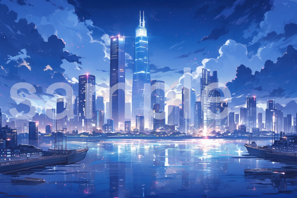 アニメ風 夜景と輝く高層ビルのイラスト背景素材 5枚セット