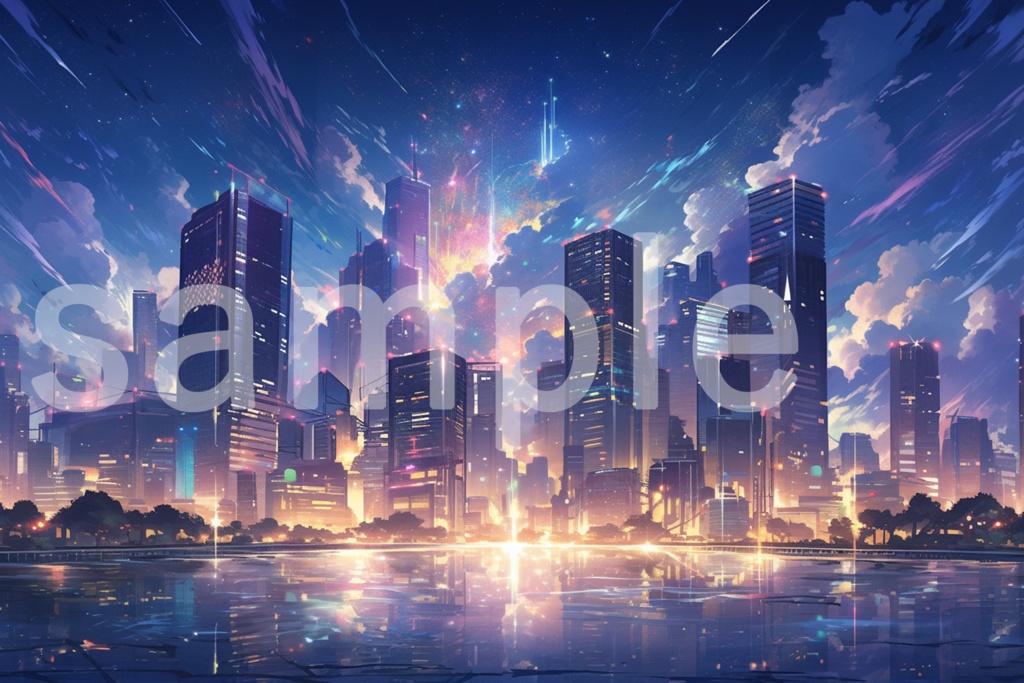 アニメ風 夜景と輝く高層ビルのイラスト背景素材 5枚セット