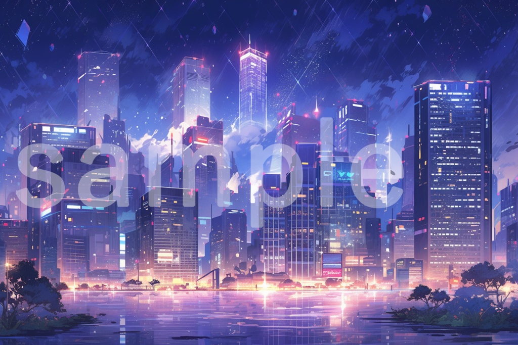 アニメ風 夜景と輝く高層ビルのイラスト背景素材 5枚セット