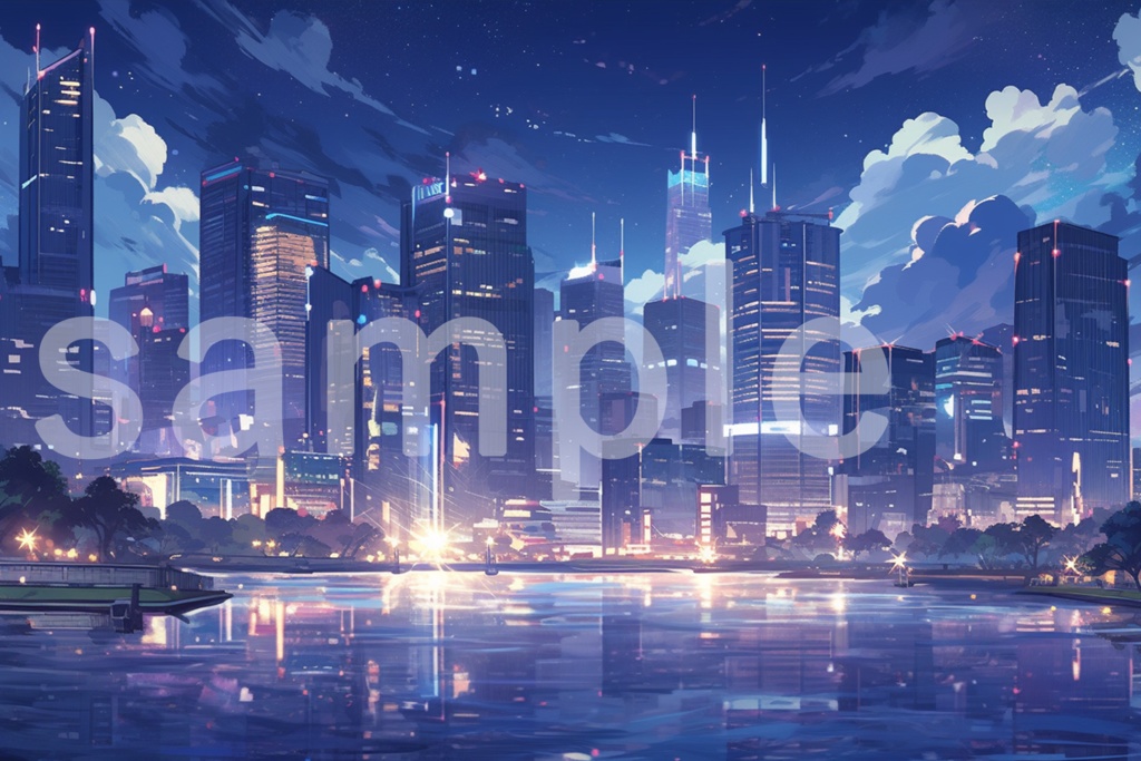 アニメ風 夜景と輝く高層ビルのイラスト背景素材 5枚セット