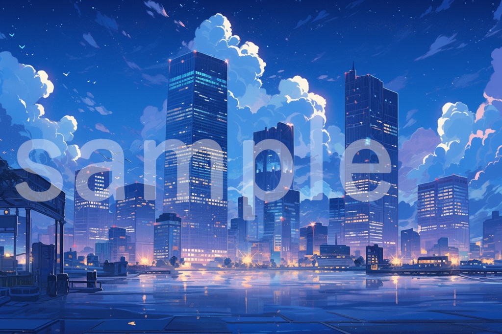 アニメ風 夜景と輝く高層ビルのイラスト背景素材 5枚セット