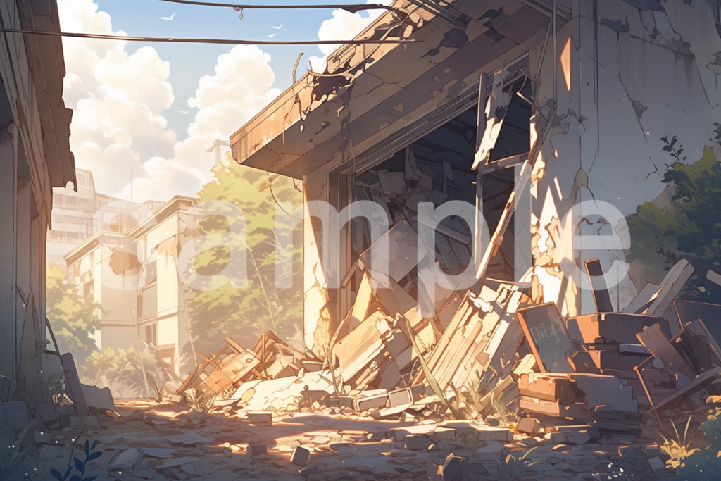 アニメ風 廃墟のイラスト背景素材 5枚セット