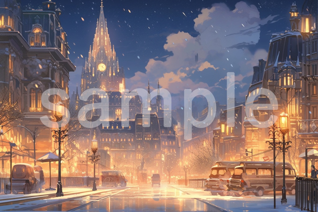 アニメ風 冬の夜の街並み イラスト背景素材 5枚セット