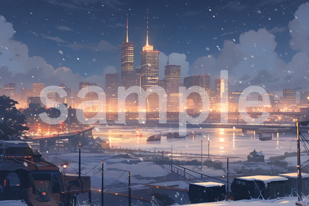 アニメ風 冬の夜の街並み イラスト背景素材 5枚セット