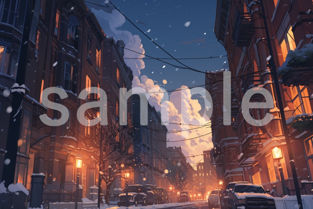 アニメ風 冬の夜の街並み イラスト背景素材 5枚セット