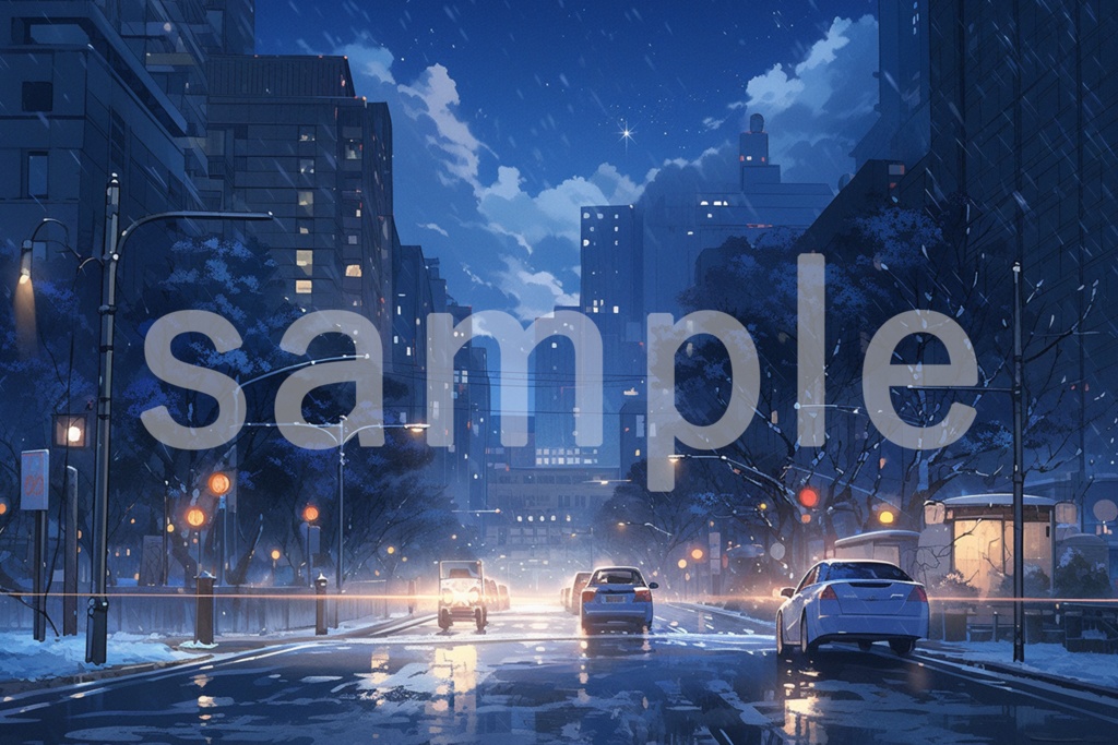 アニメ風 冬の夜の街並み イラスト背景素材 5枚セット