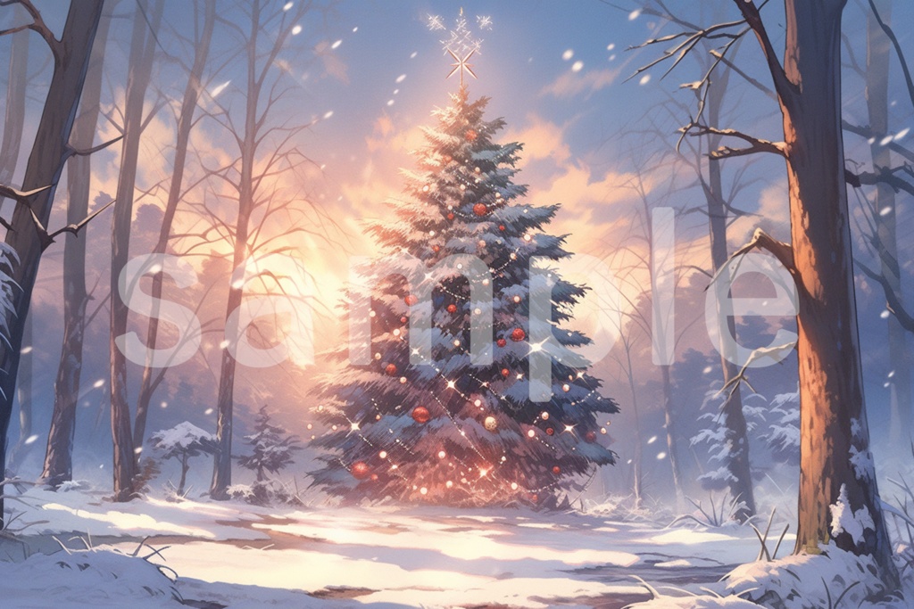 雪の積もったクリスマスツリーのイラスト背景素材 5枚セット