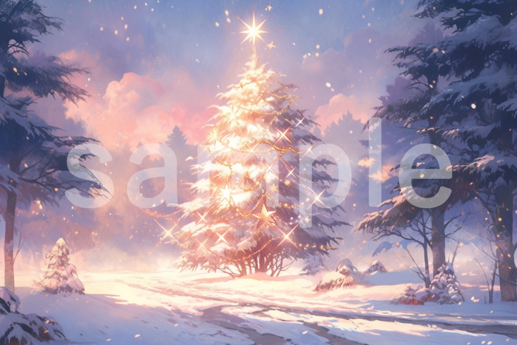 雪の積もったクリスマスツリーのイラスト背景素材 5枚セット