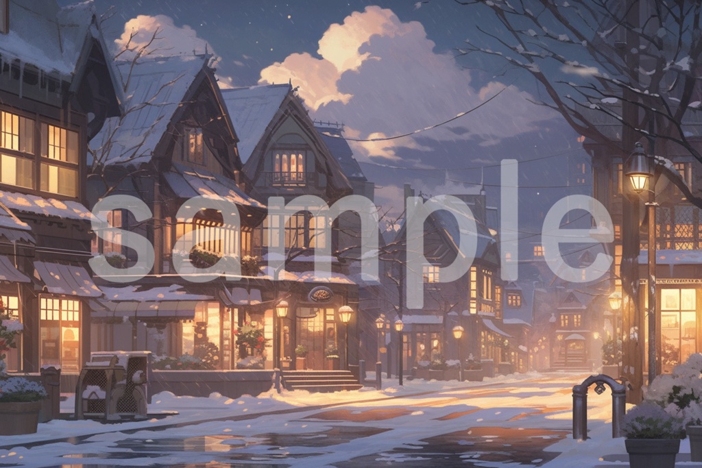 静かなクリスマスイブの街並み イラスト背景素材 5枚セット