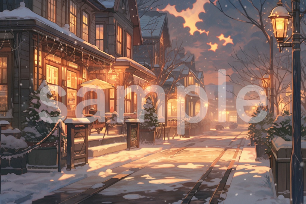 静かなクリスマスイブの街並み イラスト背景素材 5枚セット