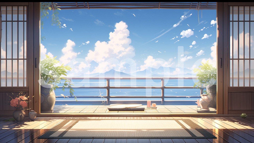 大きな窓から見える海のイラスト背景素材 5枚セット