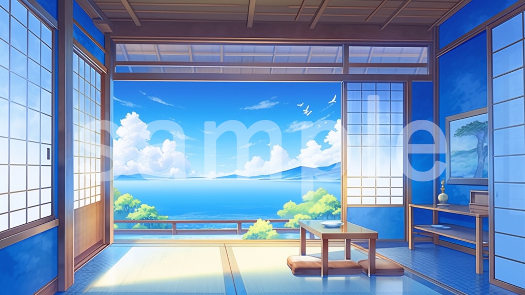 大きな窓から見える海のイラスト背景素材 5枚セット