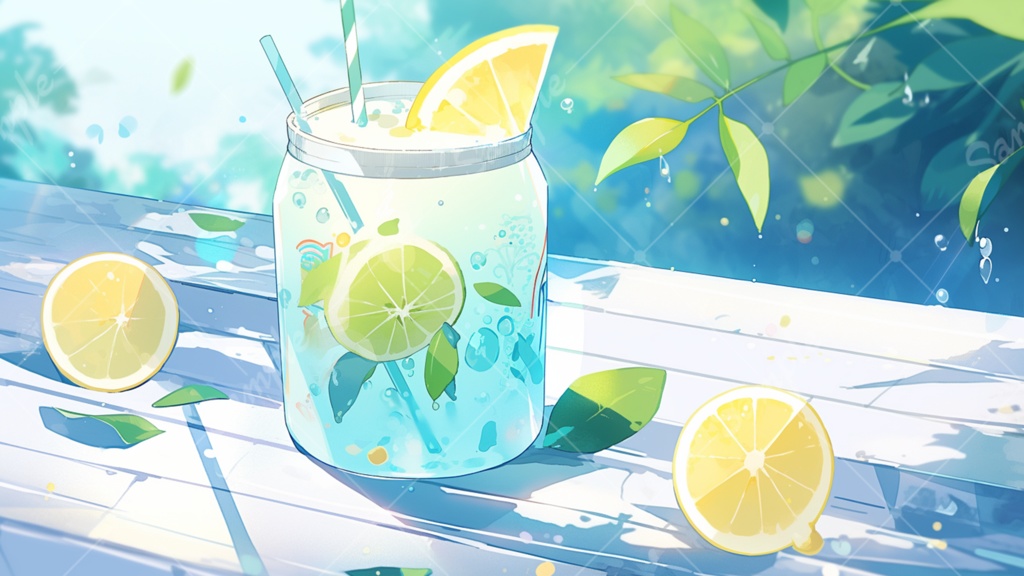 夏っぽい飲み物とフルーツのイラスト背景素材 5枚セット