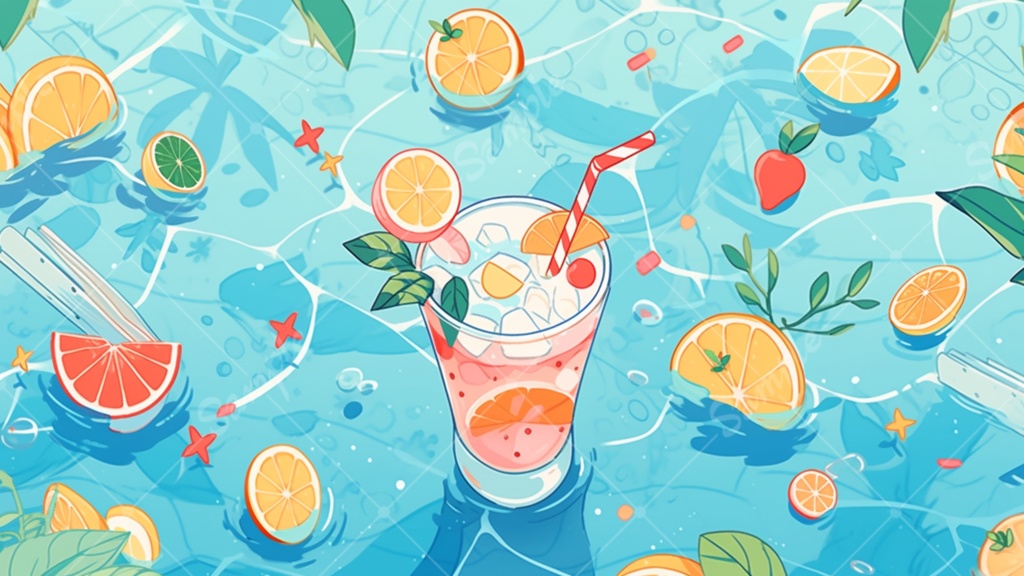 夏っぽい飲み物とフルーツのイラスト背景素材 5枚セット
