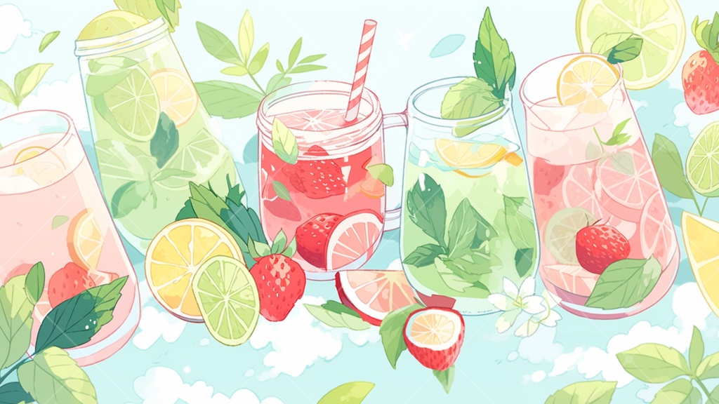 夏っぽい飲み物とフルーツのイラスト背景素材 5枚セット