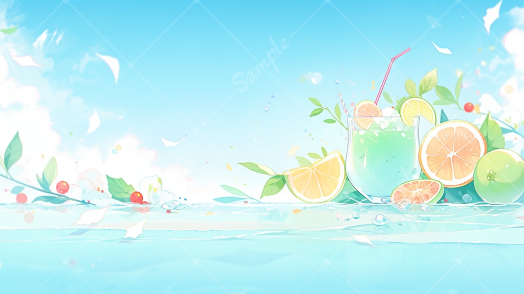 夏っぽい飲み物とフルーツのイラスト背景素材 5枚セット