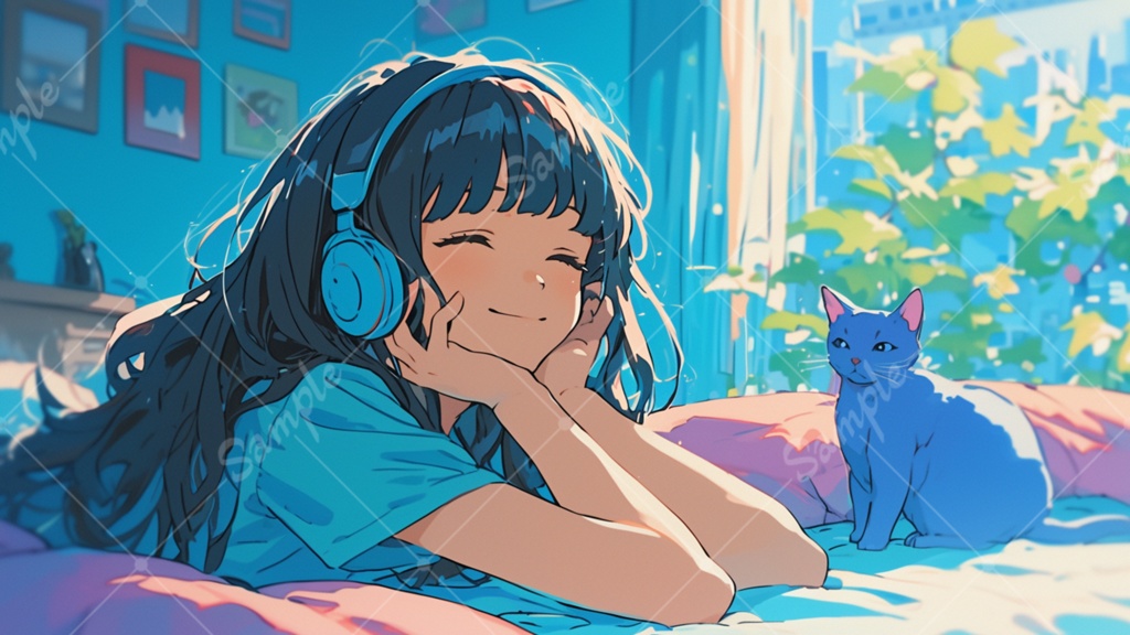 女の子と猫のイラスト背景素材 5枚セット