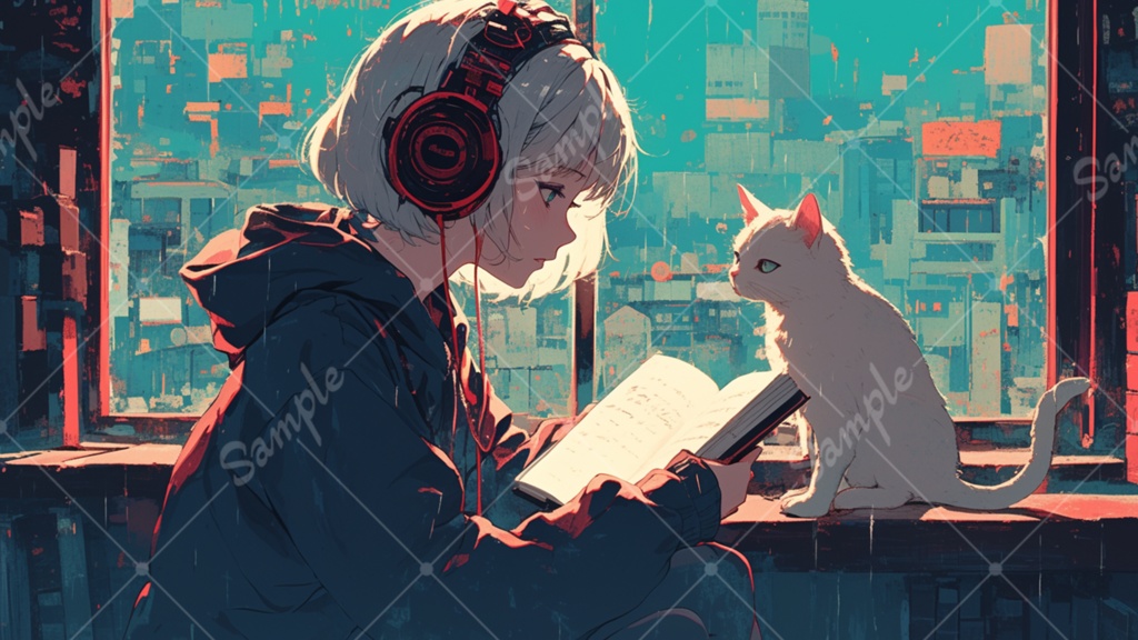 女の子と猫のイラスト背景素材 5枚セット