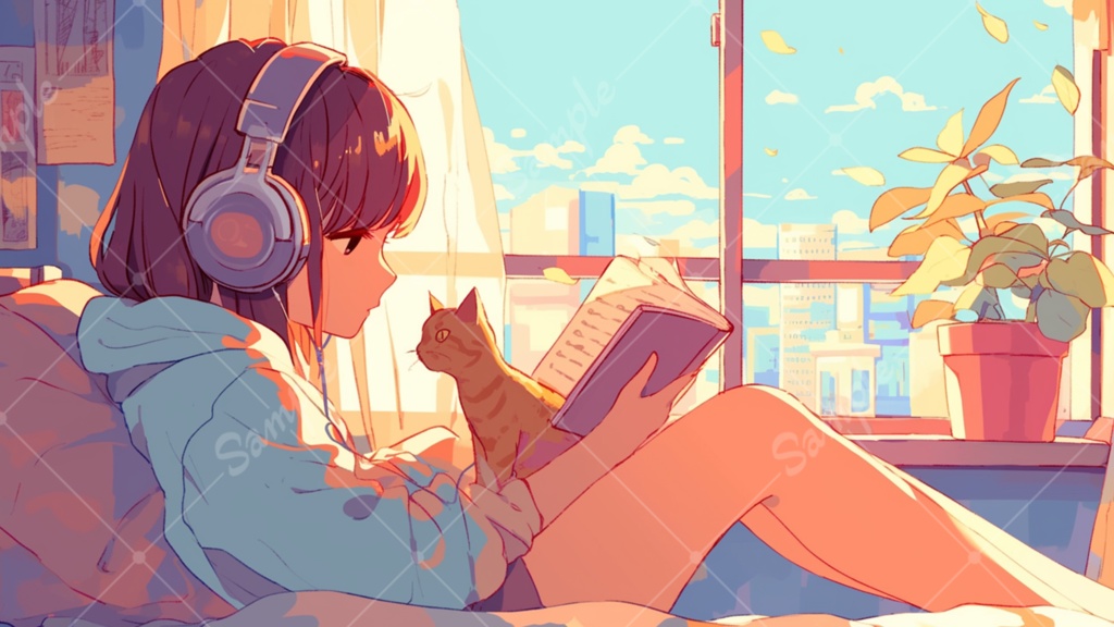 女の子と猫のイラスト背景素材 5枚セット