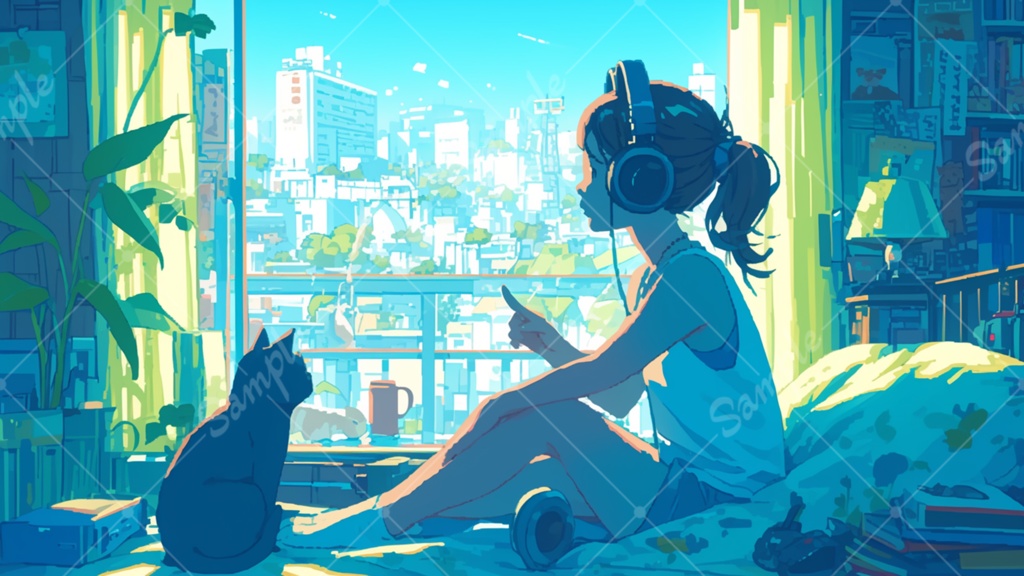 女の子と猫のイラスト背景素材 5枚セット