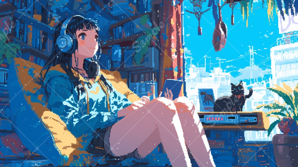 ドット絵の女の子と猫 イラスト背景素材 5枚セット