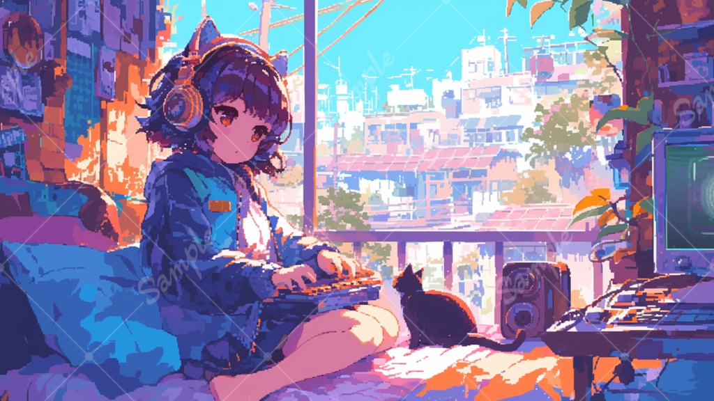 ドット絵の女の子と猫 イラスト背景素材 5枚セット