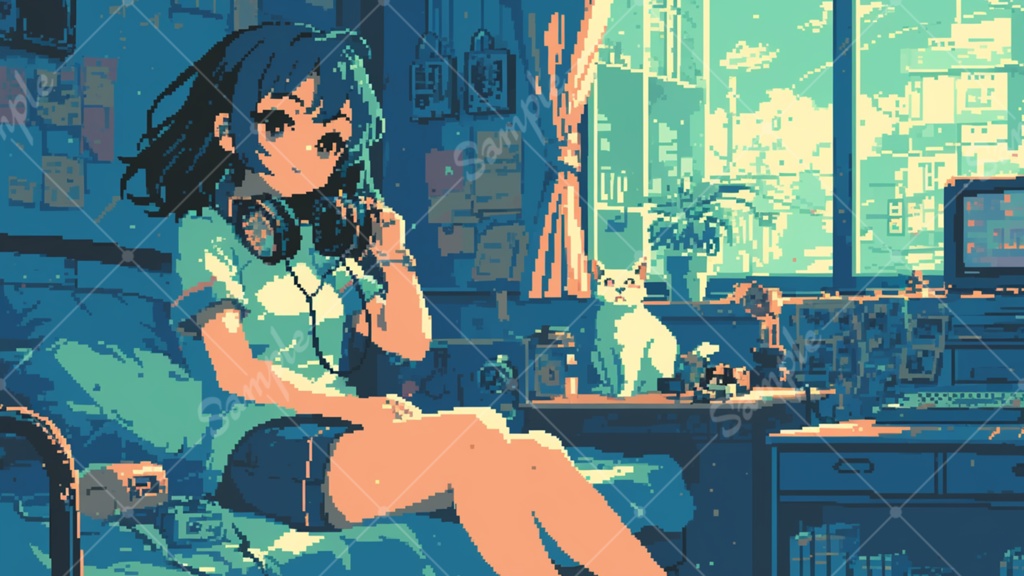 ドット絵の女の子と猫 イラスト背景素材 5枚セット