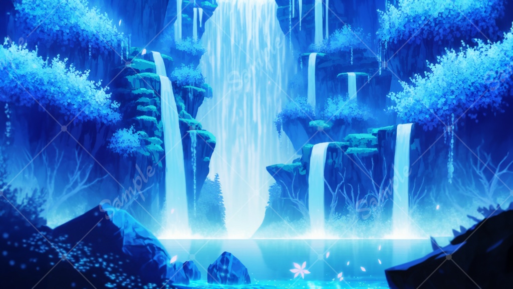 神秘的な蒼い滝のイラスト背景素材 5枚セット