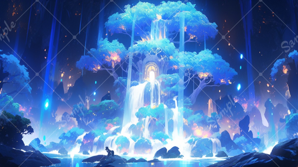 神秘的な蒼い滝のイラスト背景素材 5枚セット