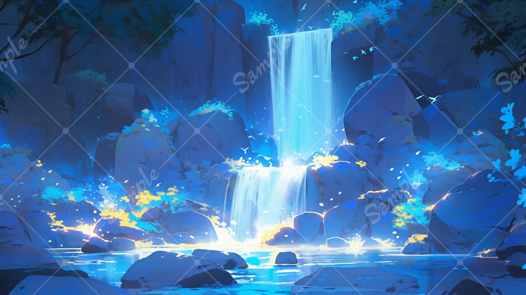 神秘的な蒼い滝のイラスト背景素材 5枚セット