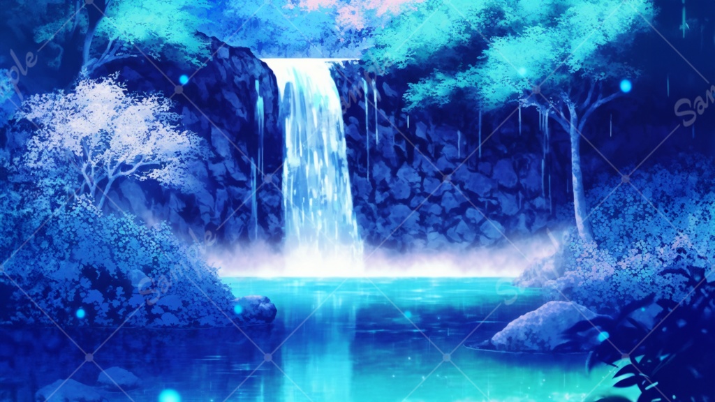 神秘的な蒼い滝のイラスト背景素材 5枚セット