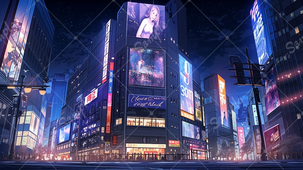 夜の都会 ビル街 イラスト背景素材 5枚セット