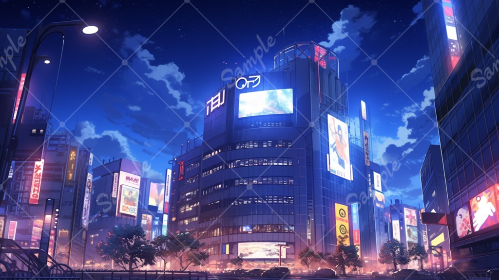 夜の都会 ビル街 イラスト背景素材 5枚セット