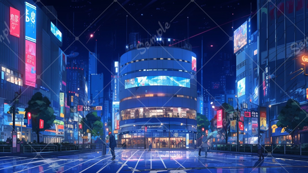 夜の都会 ビル街 イラスト背景素材 5枚セット