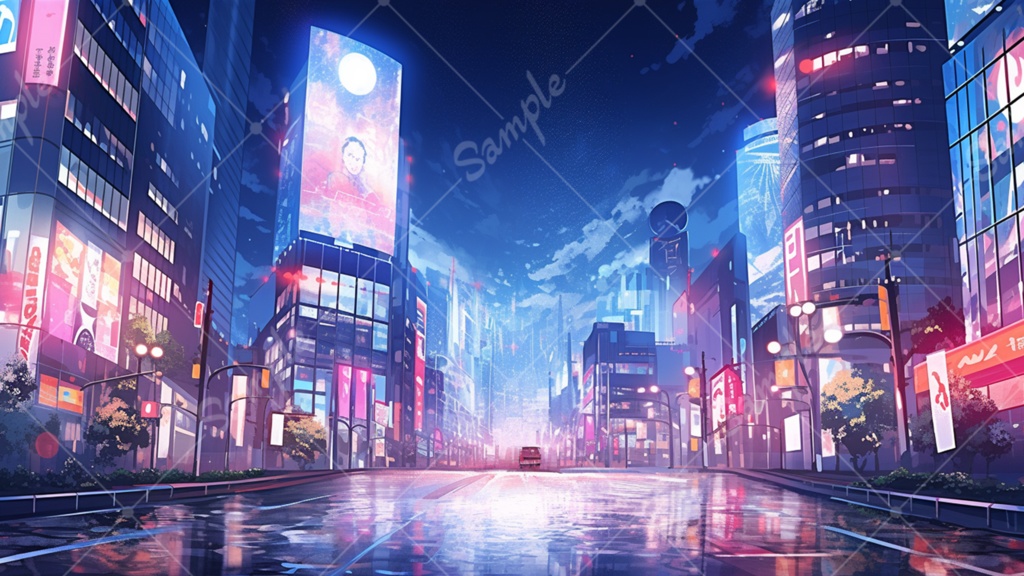 夜の都会 ビル街 イラスト背景素材 5枚セット