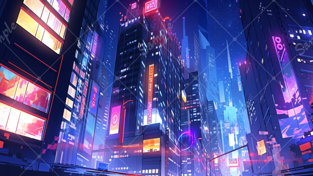 サイバーパンクな都市のイラスト背景素材 5枚セット
