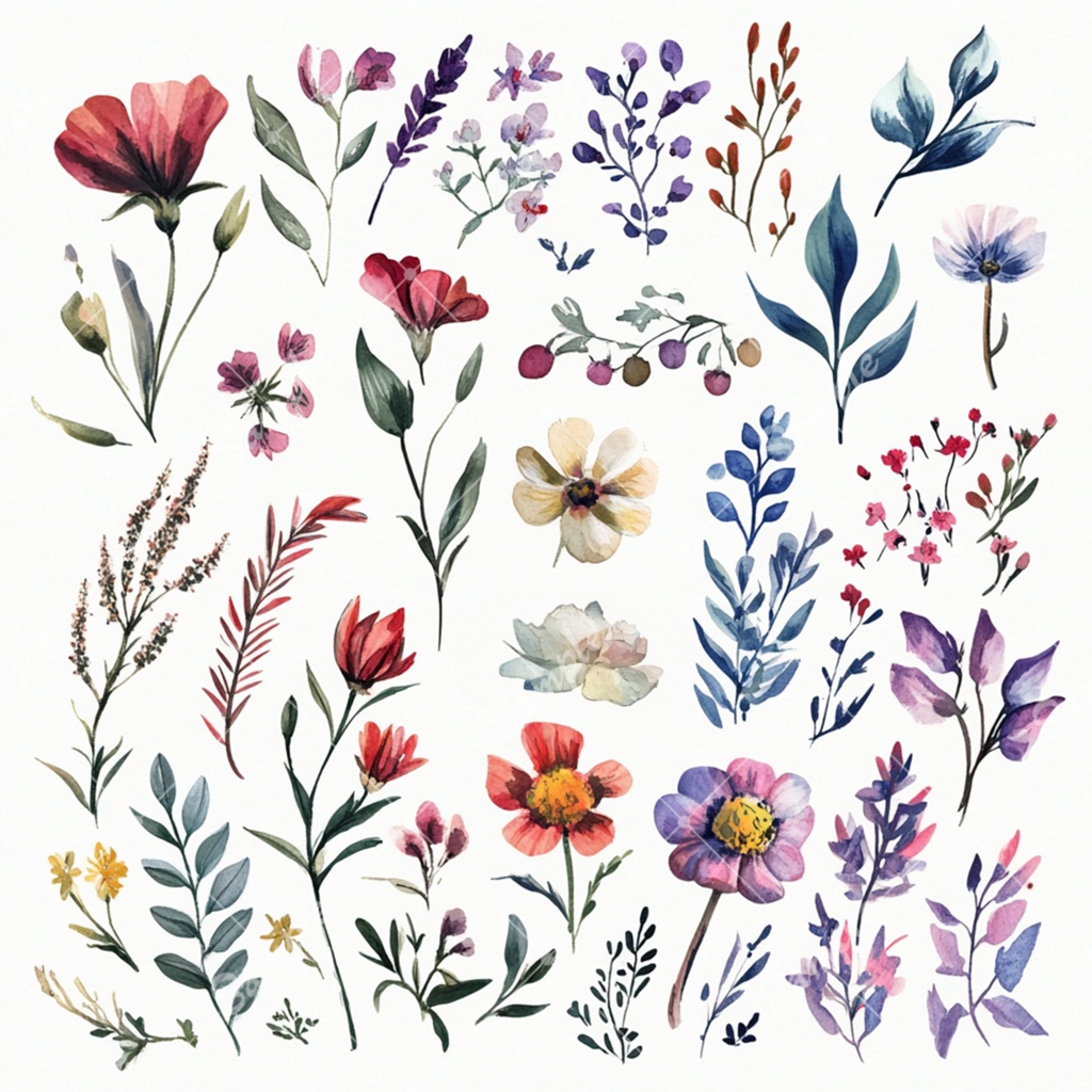 花の水彩風イラスト素材セット