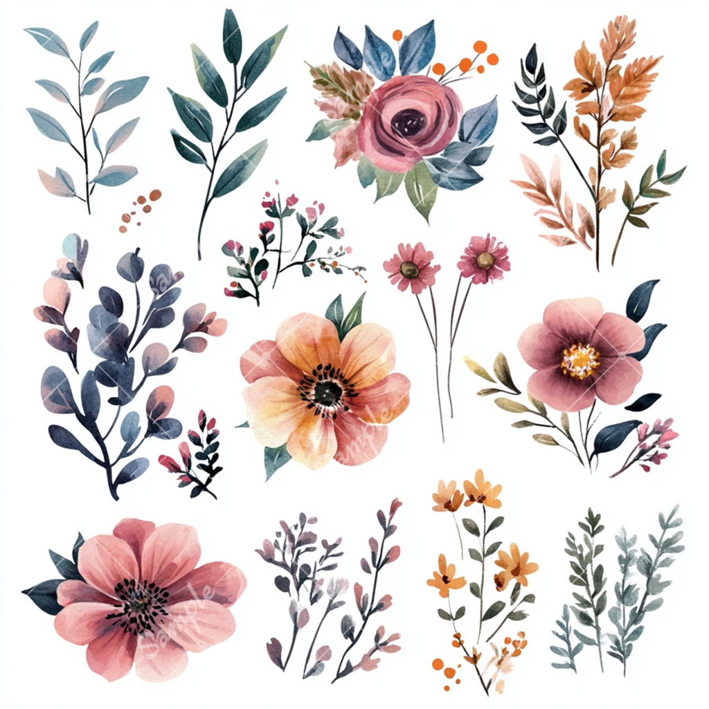 花の水彩風イラスト素材セット