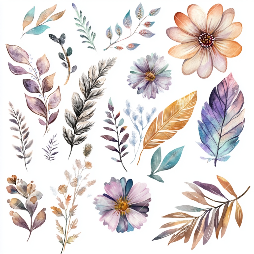 花の水彩風イラスト素材セット