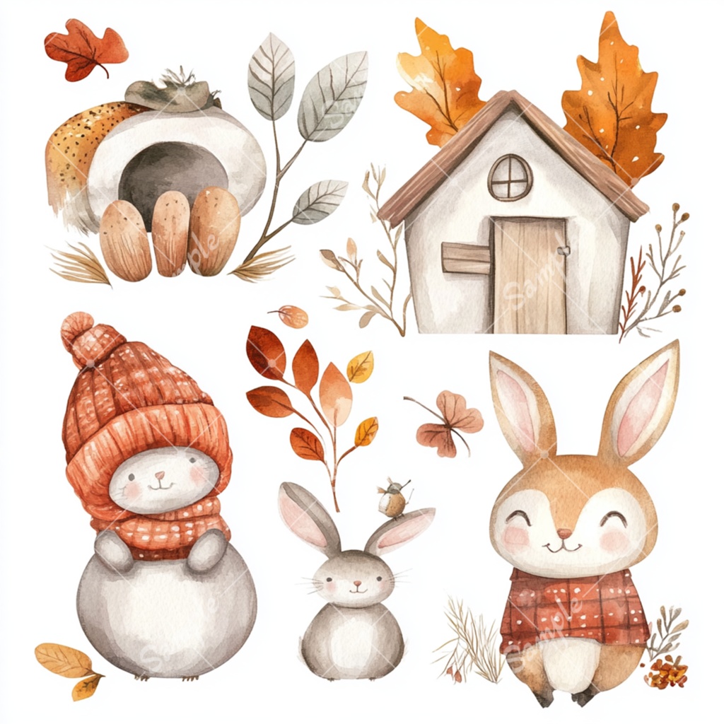 秋の水彩風イラスト素材セット