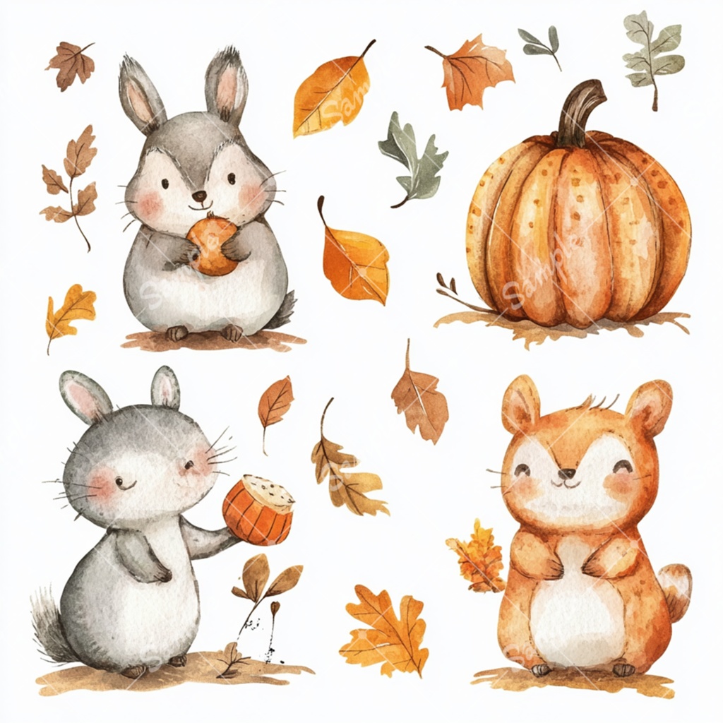 秋の水彩風イラスト素材セット